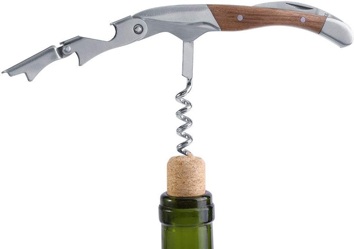 Livia home - Wijnkurkentrekker - Multifunctionele Flesopener - Hoogwaardig Hout en Roestvrij Staal - Zilver en Bruin - Baraccessoires - Perfect voor T