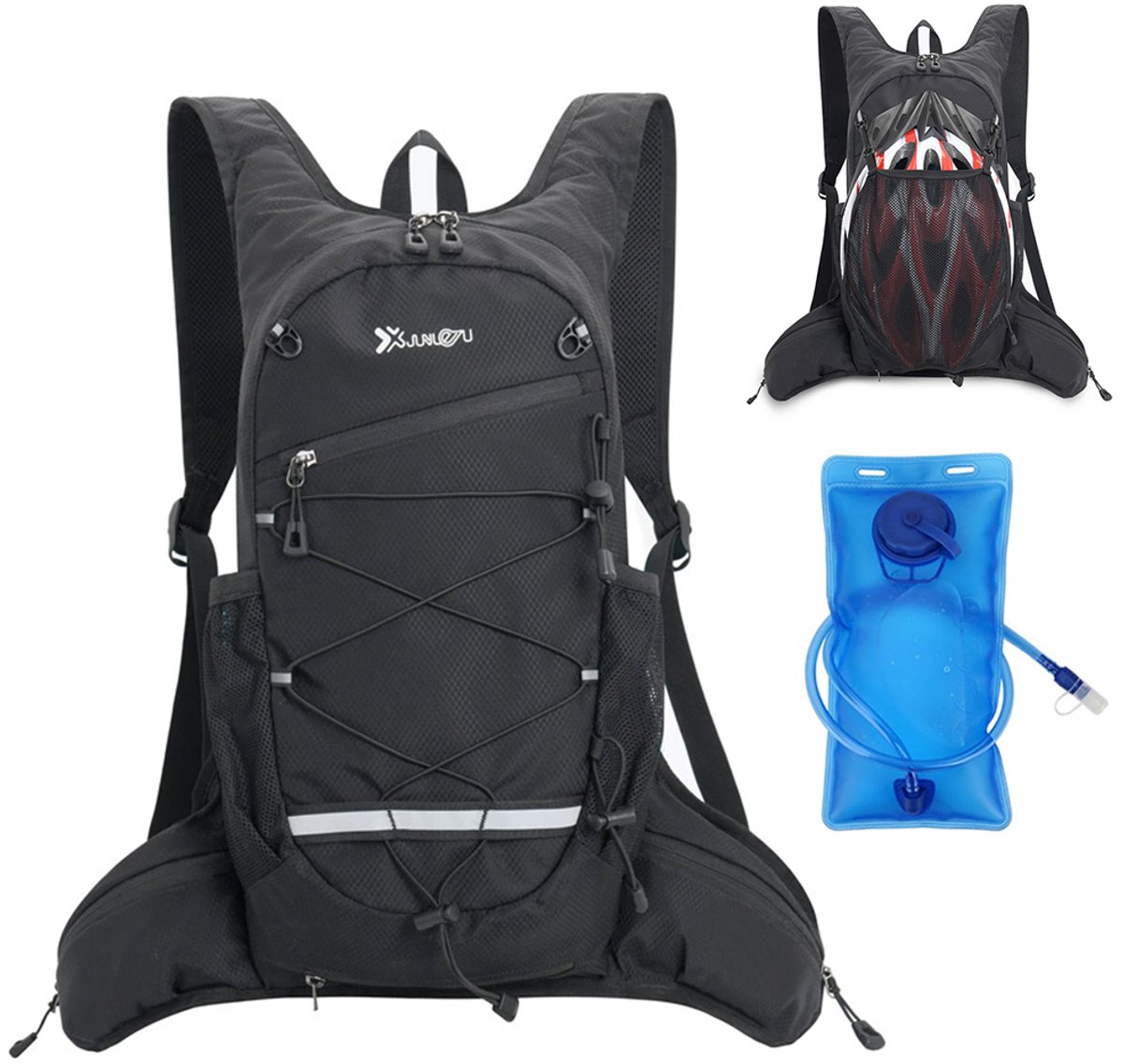 Lichtgewicht en ademende fietsrugzak – Hardlooprugzak voor buiten – Waterdichte rugzak voor wandelen, bergbeklimmen en trailrunning – Hydratatierugzak voor fietsen – Inclusief drinkzak van 2 liter – Polyester - Zwart