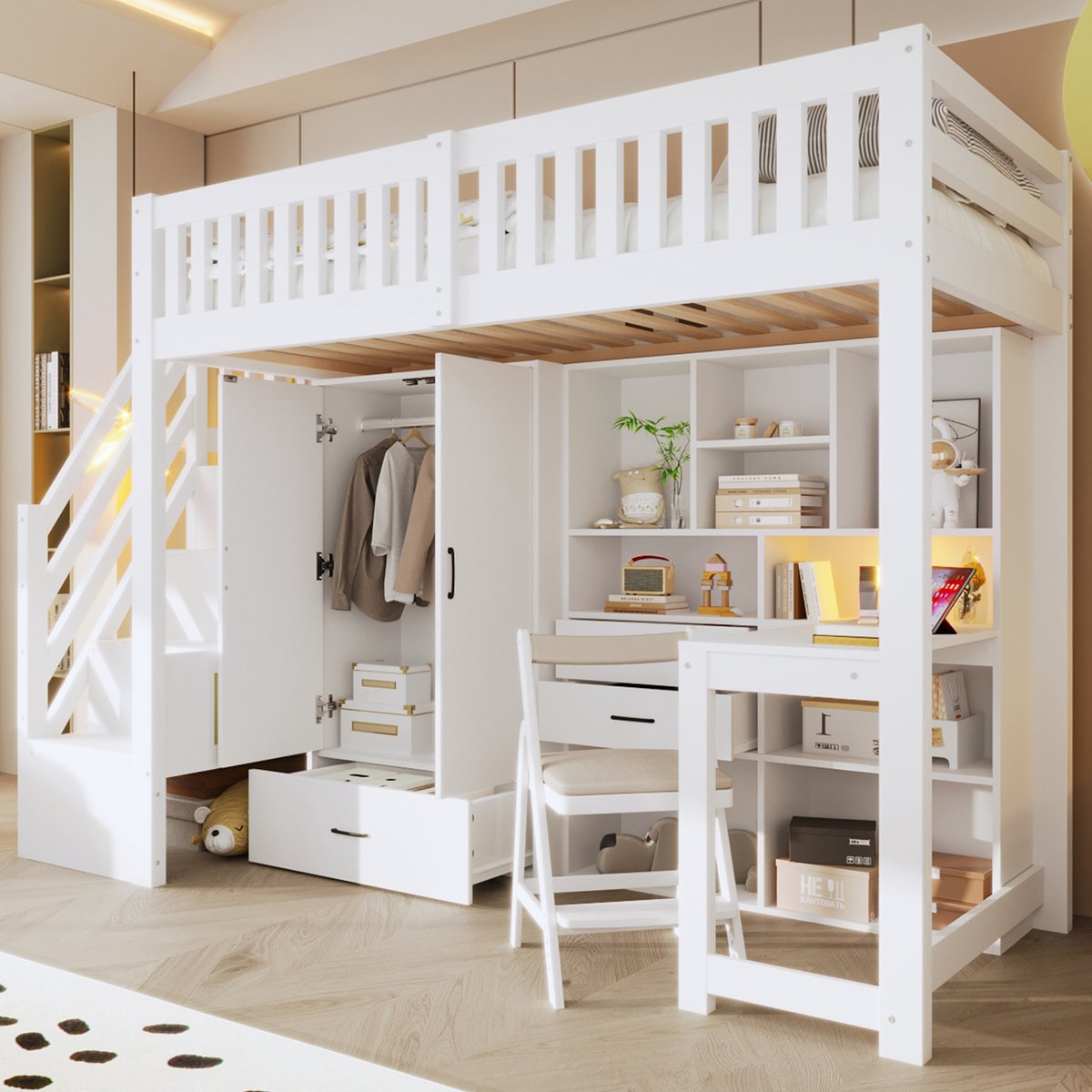 MEUNIQ hoogslaper 90x200 cm wit met bureau, opbergtrap, kledingkast, laden en open vakken