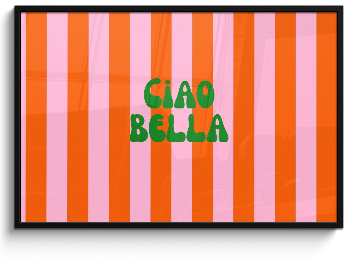 FrameYourWall Poster in lijst - Fotolijst 120x80 cm - Posters - Strepen - Oranje - Verticaal - Ciao bella - Posterlijst zwart - Decoratie - Wanddecoratie woonkamer - Muurdecoratie slaapkamer