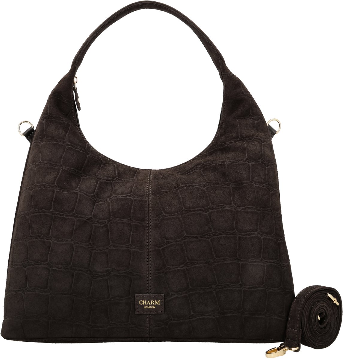Charm London Cairo Shopper - Suède - Crocoprint - Schouderband - Handtas - Leer - Dames Tas - Leren Dames Tas - Donkerbruin