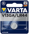 Varta V13GA/LR44 batterij in donkerblauwe kindveilige verpakking met gele en witte accenten.