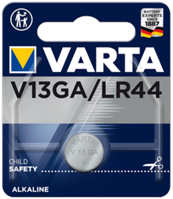 Varta V13GA/LR44 batterij in donkerblauwe kindveilige verpakking met gele en witte accenten.