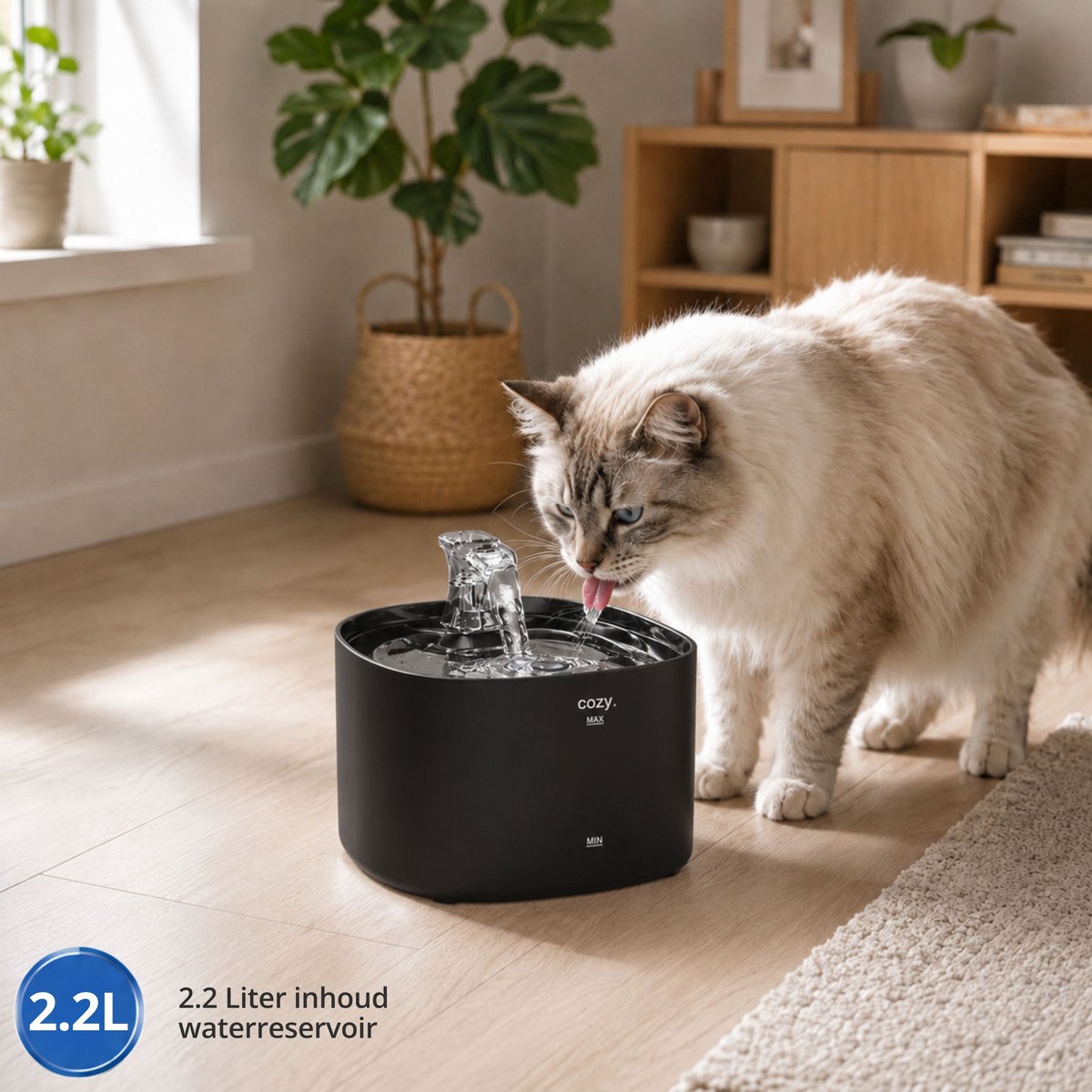 cozy.® Drinkfontein Kat Pro Plus 2026 - Waterfontein Kat 2.2L - Kattenfontein - Waterbak Kat - Waterdispenser Kat - Muisstil & Automatisch - Compact & Inclusief Filter - Zwart - Anti knoei Drinkbak thumbnail 5