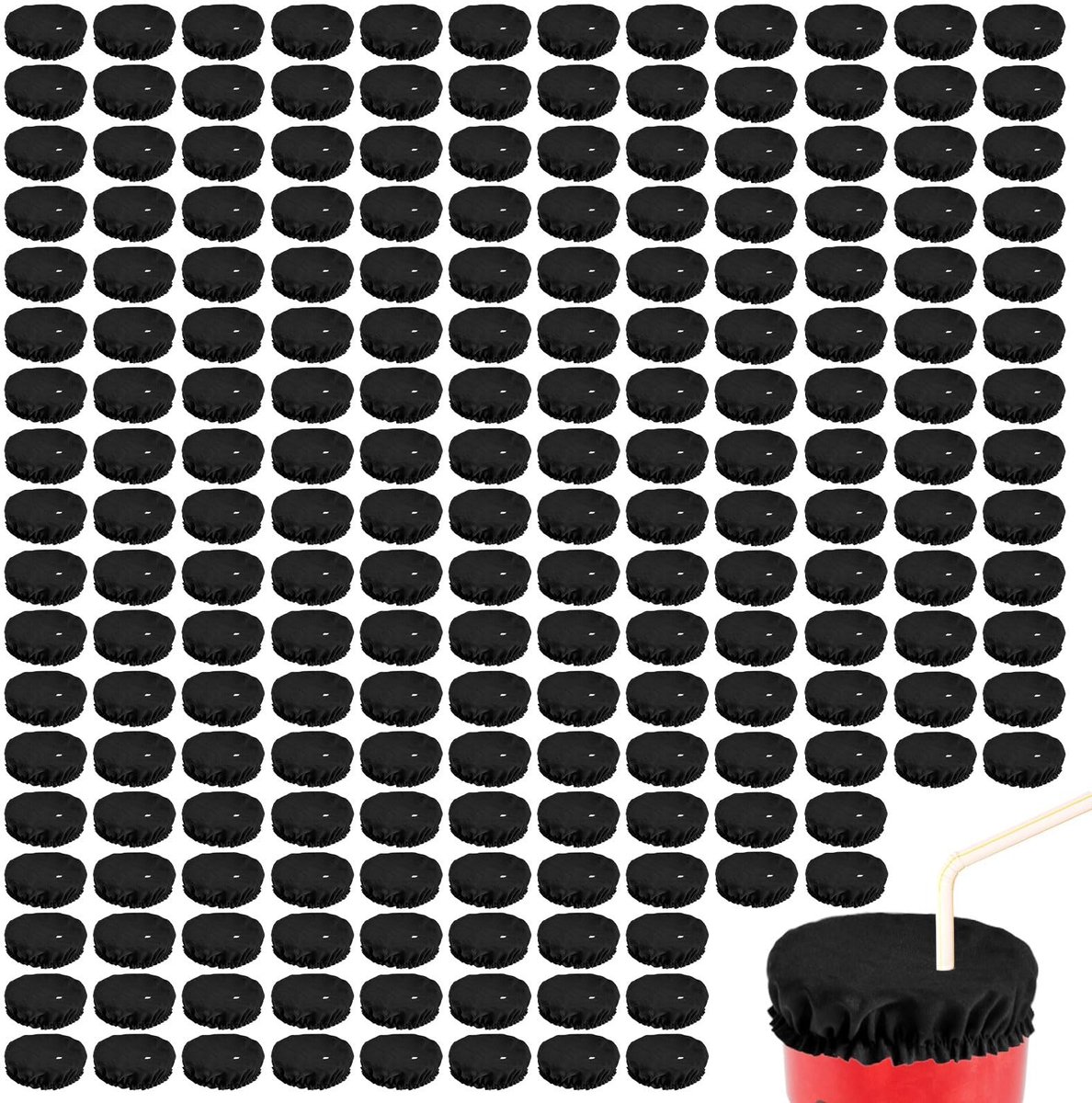 MTTproducts- Drankhoes 200 Stuks - Elastisch/rekbaar Polyester - Wasbare Flesdopbescherming - Geschikt voor de meeste Bekers - Diameter 10cm - Zwart - Bekerdeksel
