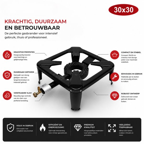 Scheffler ijzeren Gasbrander 30x30 cm - Krachtige Campingbrander met Verstelbare Vlamregeling, Robuust Gietijzer, Hoge Warmteopbrengst, Stabiele Pansteun, Geschikt voor Wok, Paella, Buitenkeuken, Catering en Outdoor Koken, Professionele Kwaliteit — afbeelding 2