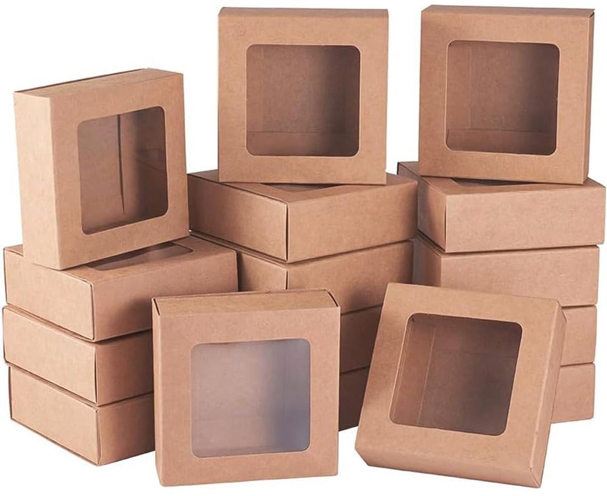 Cosensi- Kraftpapier Ladedozen 20 Stuks - Vierkante Geschenkdozen met Venster 9x9x3cm - Milieuvriendelijk - Sterk en Duurzaam - Perfect voor Bakkerij en Party