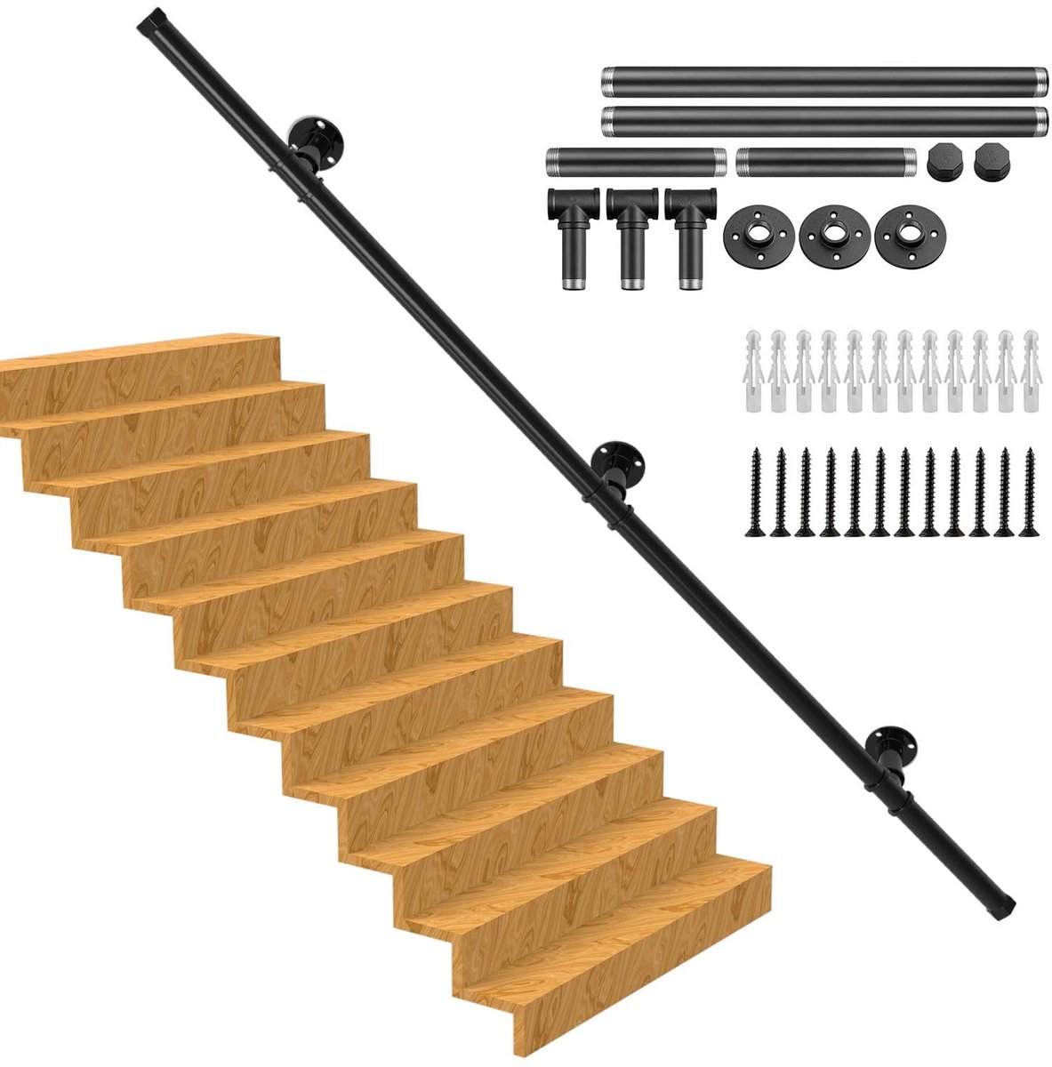Cosensi- Wandleuning 1,5m - Zwart - Carbon Staal - Schokbestendig - Waterdicht - Antiroest - Vintage Stijl - Trapleuning