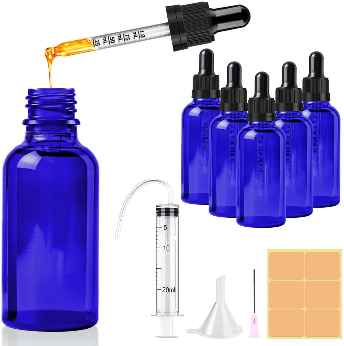 Cosensi- Pipettefles Set 5x50ml - Blauwe Druppelflesjes - Herbruikbaar Glas - UV-Bescherming - Geen Lekkage - Inclusief Syringe en Stickers - Druppelfles