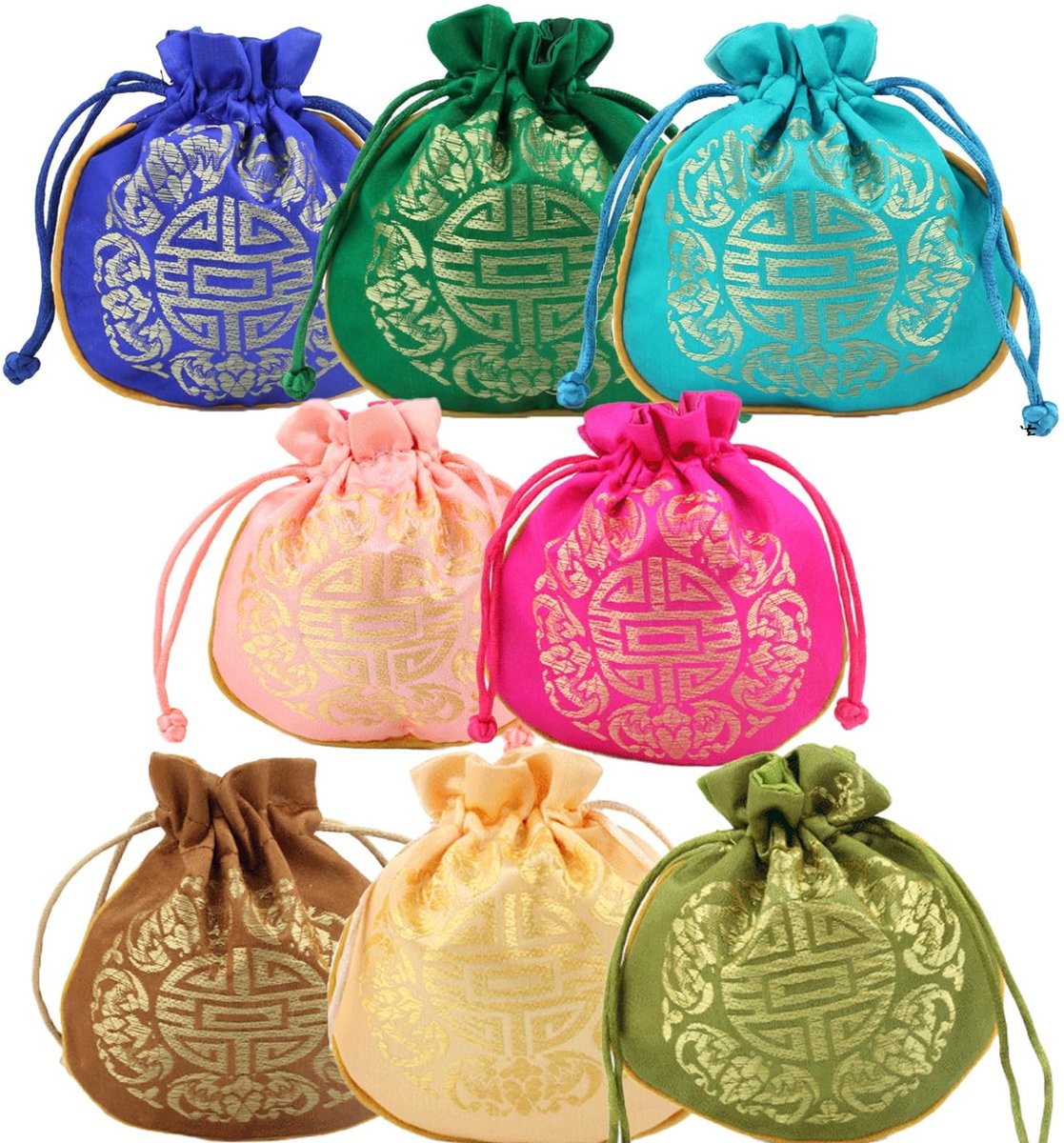 Cosensi- Sieradenzakje 10 Stuks - Zijde Zakjes - Brocade Trekkoordzak - Cadeauzakjes - Organza Zakjes - Uniek Chinese Patroon - 10.5x11.5cm - Cadeauzakje