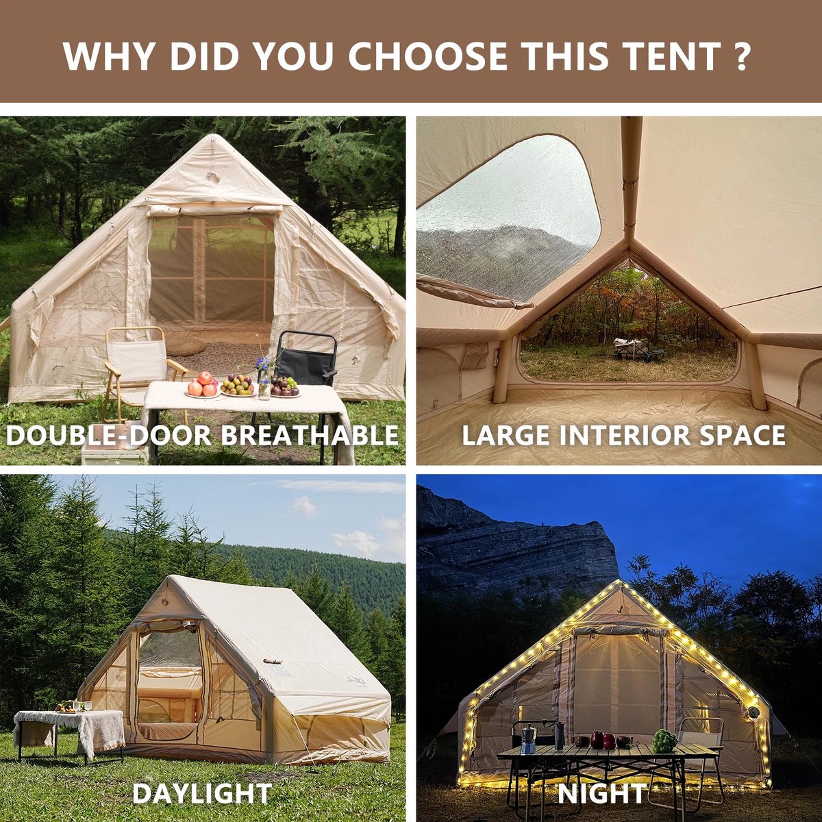 HomeGoodies Tent - Opblaasbare tent – 4-6 Persoons - Glamping - 3x2.1x2m - luchtconstructie en ventilatie – Waterdicht – Beige – foto 7