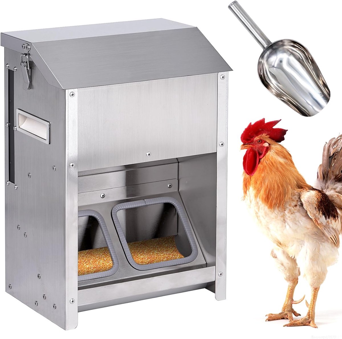 Kippenvoerbak - Voederautomaat - Voederen Zonder Verspilling - Roestvrij Staal - 9 kg Capaciteit - Zilverkleurig