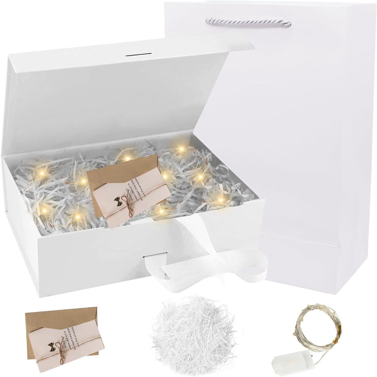 Cadeau Doos 21 x 17 x 7 cm met Deksel, Strik, Kaart en Tas voor Verjaardag, Kerst en Bruiloft