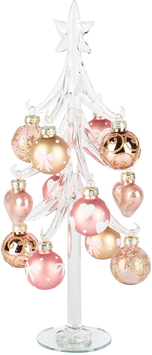 Dekoratief | Kerstboompje m/balletjes, transparant/roze/goud, glas, 10x10x27cm | A265648