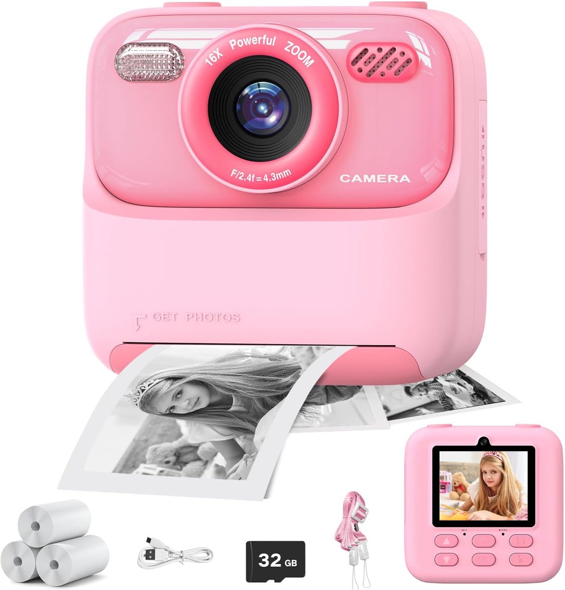 longziming - Instant Kinder Camera – Digitale Camera 1080P HD – 2,4 Inch Scherm – Inclusief 32GB Kaart & Printpapier – Speelgoed Cadeau 3-12 Jaar – Roze