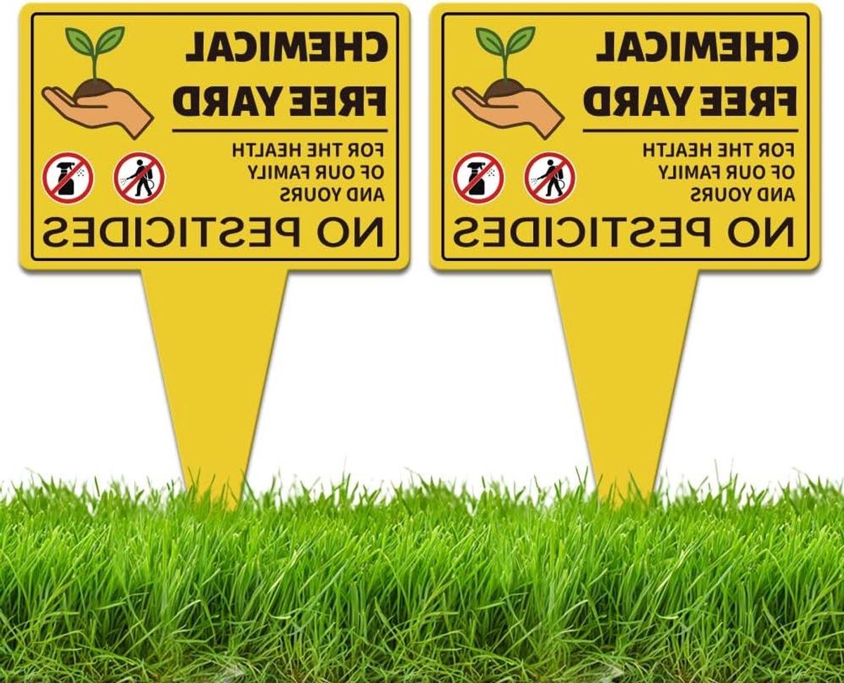 Tuinbord Geen Pesticiden - Gazon Boodschap - Veilige Tuin - Weerbestendig Aluminium - 25x35cm - Geel