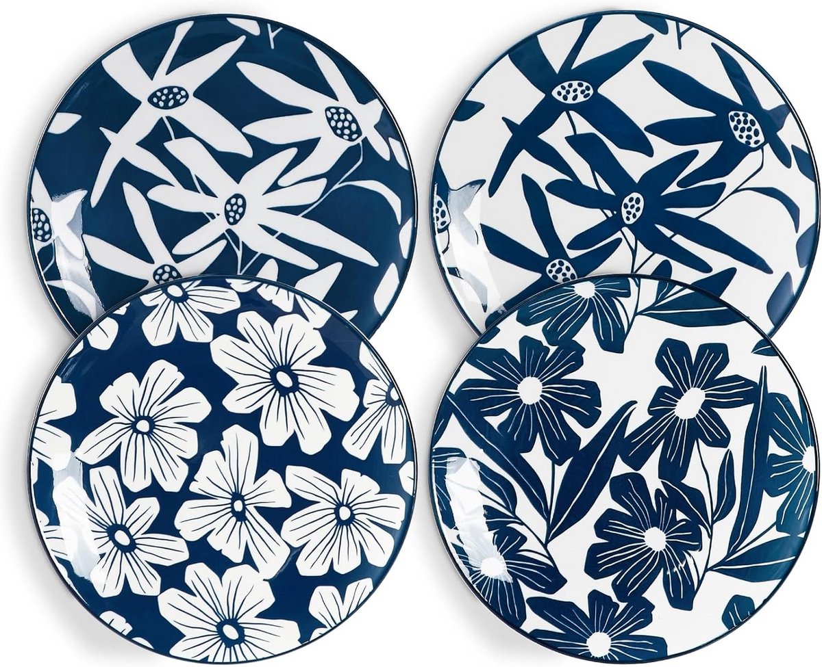 Set van 4 porseleinen borden, 8,5 inch, blauw bloemenpatroon, magnetron- en vaatwasmachinebestendig, krasbestendig