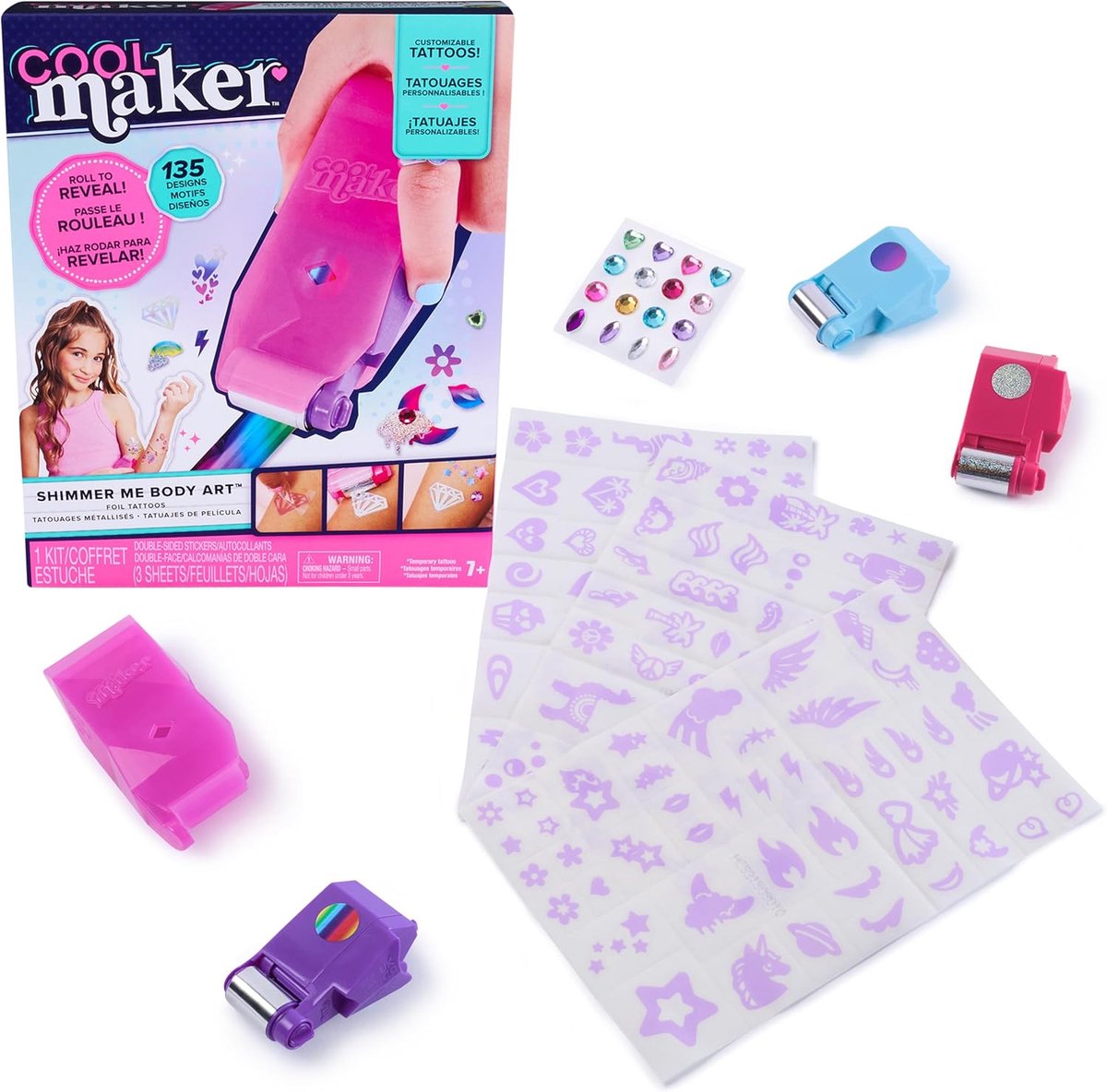 Tijdelijke Glitter Tattoos Set met 135 Metallic Ontwerpen, Edelstenen en Rollers voor Kinderen vanaf 7 Jaar