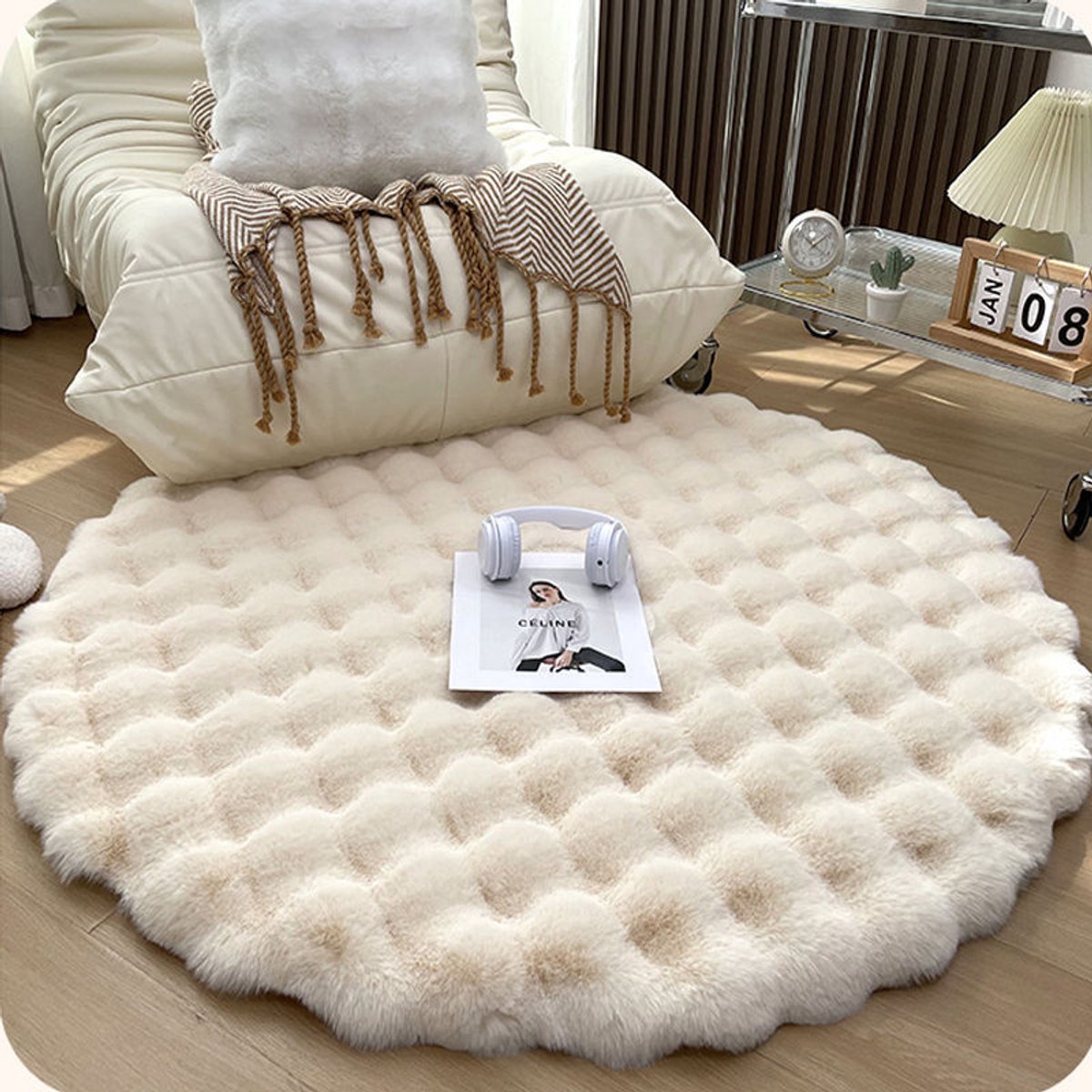 Rond vloerkleed - Rond vloerkleed van imitatiebont voor de slaapkamer - Zacht pluche - Pluche van imitatiekonijn - Vloerkleed voor naast het bed - Vloerkleed voor de woonkamer - Deken voor thuis - Wit - 80*80 cm