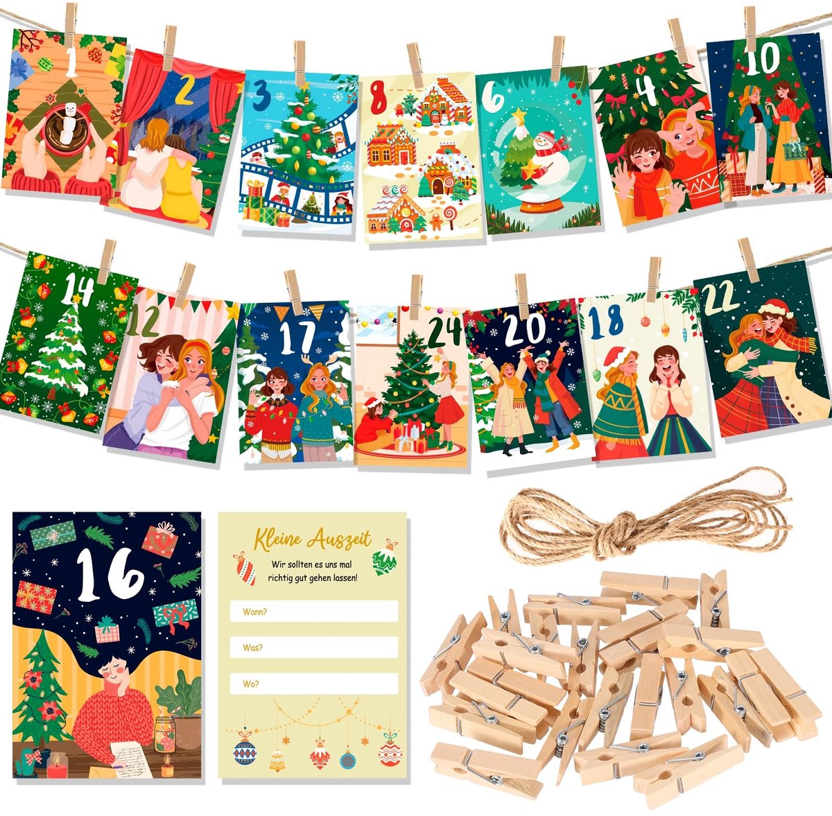 Dailygoods - Adventskalender met 24 Kaarten voor Kerstdecoratie