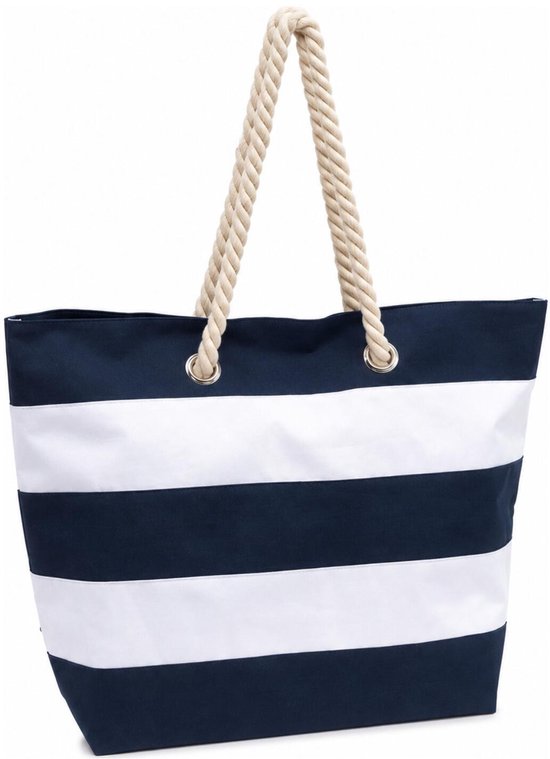 Strandtas Alicante - gestreept blauw/wit - 47 x 14 x 34 cm - Beach bag - shopper - klittenbandsluiting