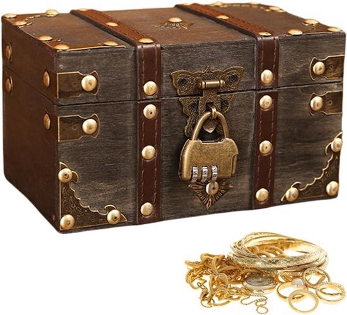 Vintage houten mini-schatkistje met cijferslot, afmetingen 18x11x10 cm, een sieradendoosje voor kinderen dat gebruikt kan worden voor opbergen en als decoratie.