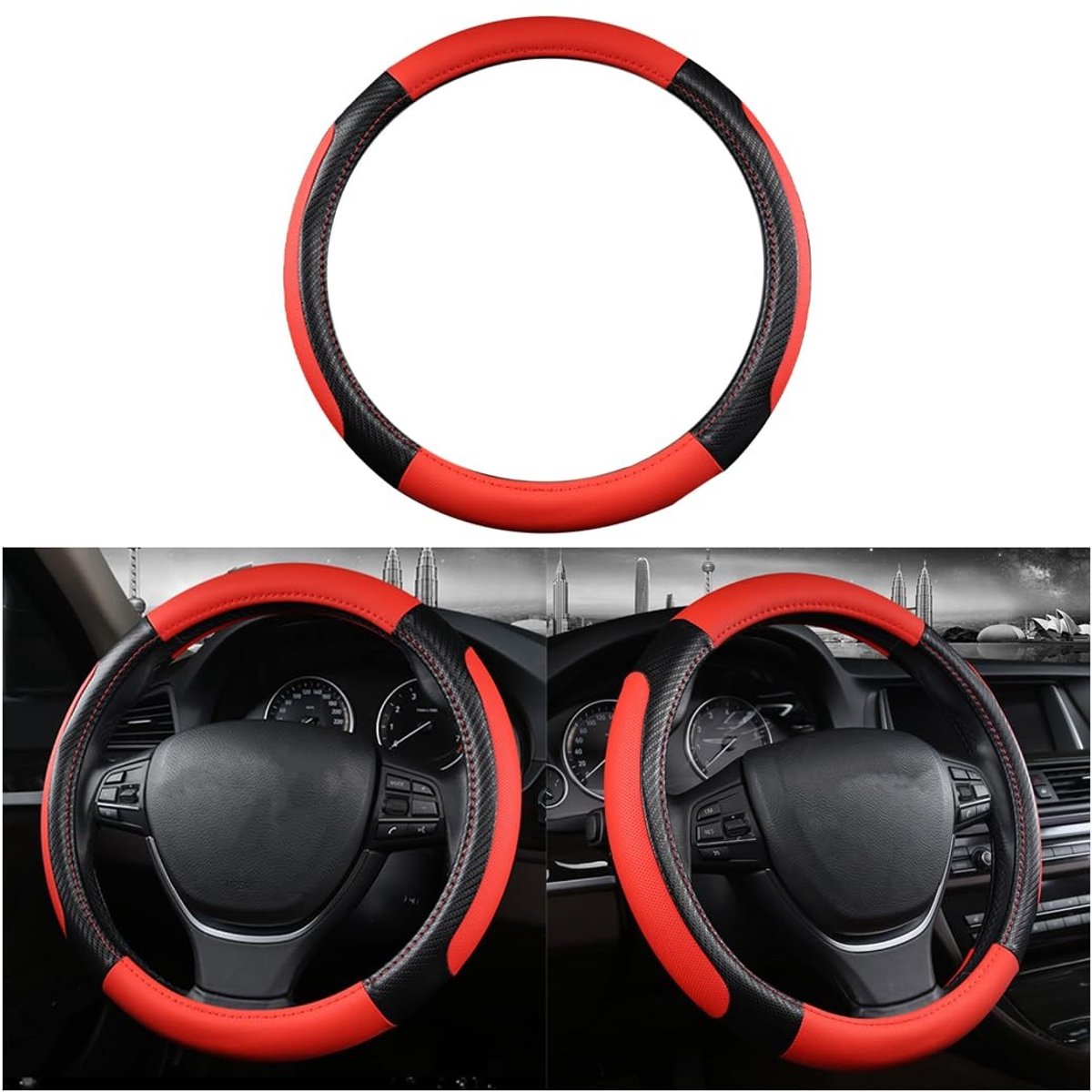 Dailygoods - Dailygoody - Autostuurhoes - Microvezel-leer - Antislip en ademend - Zwart + Rood - Universele stuurbescherming - Geschikt voor vrachtwagens