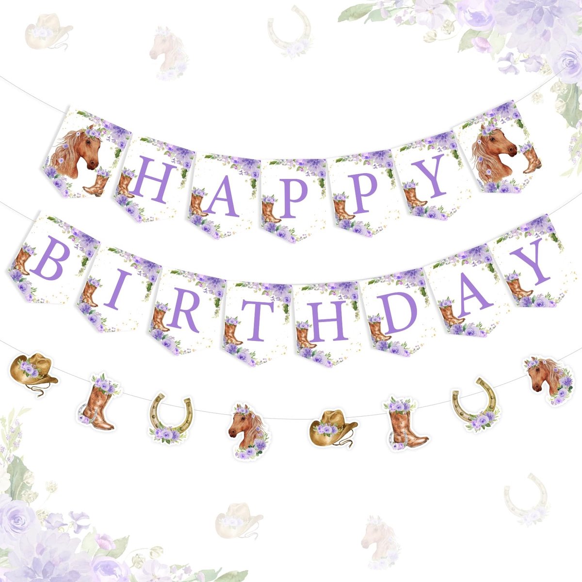 Dailygoods - Dailygoody - Happy Birthday-banner - Paardenfeest - Feestdecoratie - Paars - Cowboy - Verjaardagsbenodigdheden - Geschikt voor babymeisjes - Paardenth