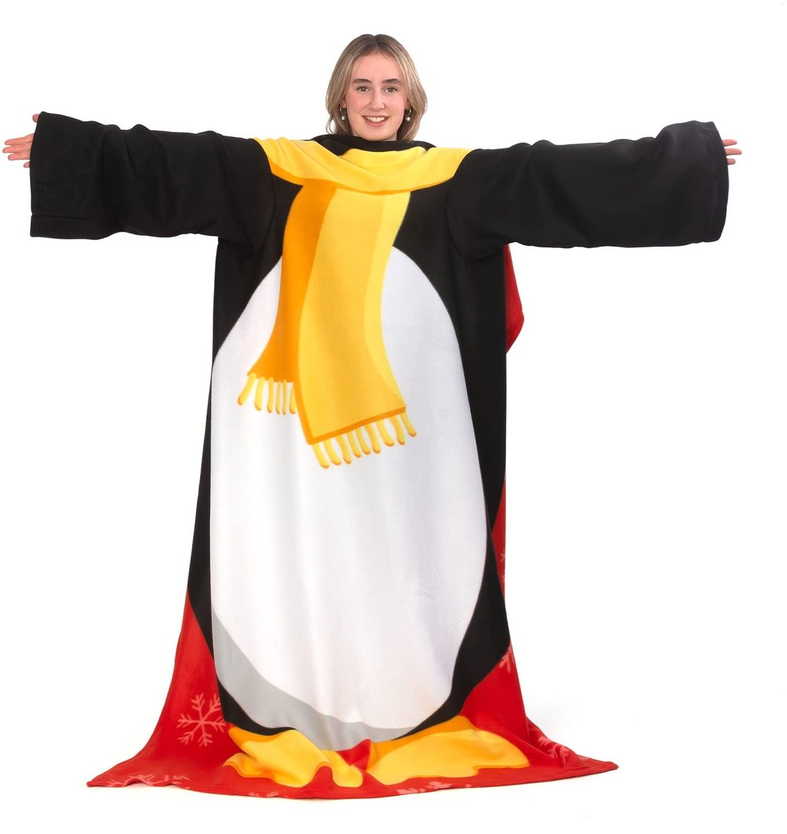 Dailygoods - Dailygoody - Snug Rug Kerst Pinguïn Fleece Deken met Mouwen - Gezelligheid - Zwart/Wit - Warmte - Perfect voor de winterse avonden - Geschikt voor vol