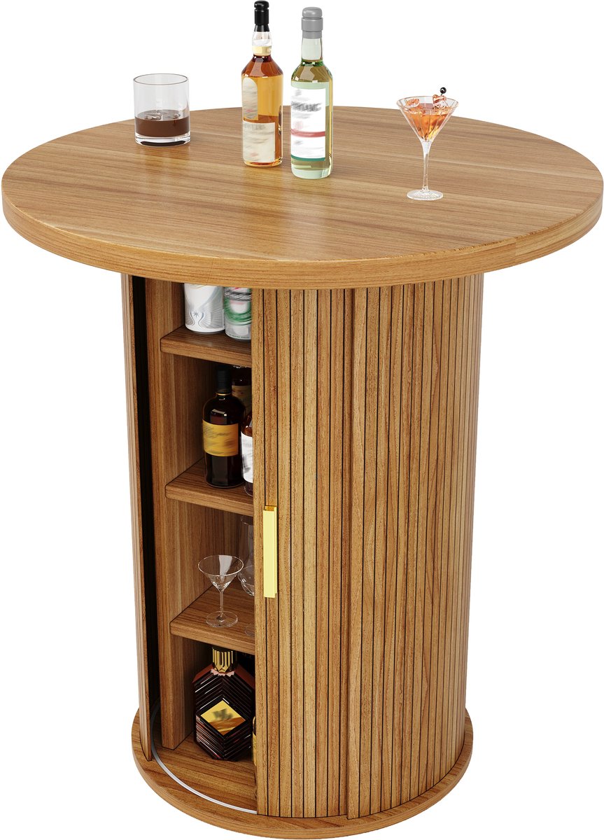 REDOM Ronde Bartafel 60 x 60 x 91,6 cm – Met Opbergruimte En Schuifdeur – Moderne Statafel Voor Woonkamer Of Bar – MDF En Metaal – Houtkleur Wood