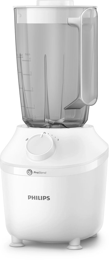 Witte Philips blender met transparante kan, close-up van de draaiknop.
