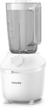 Witte Philips blender met transparante kan, close-up van de draaiknop.