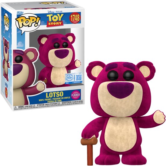 Figurine Lotso Funko Pop! rose avec ventre beige et une massue, à côté de sa boîte.