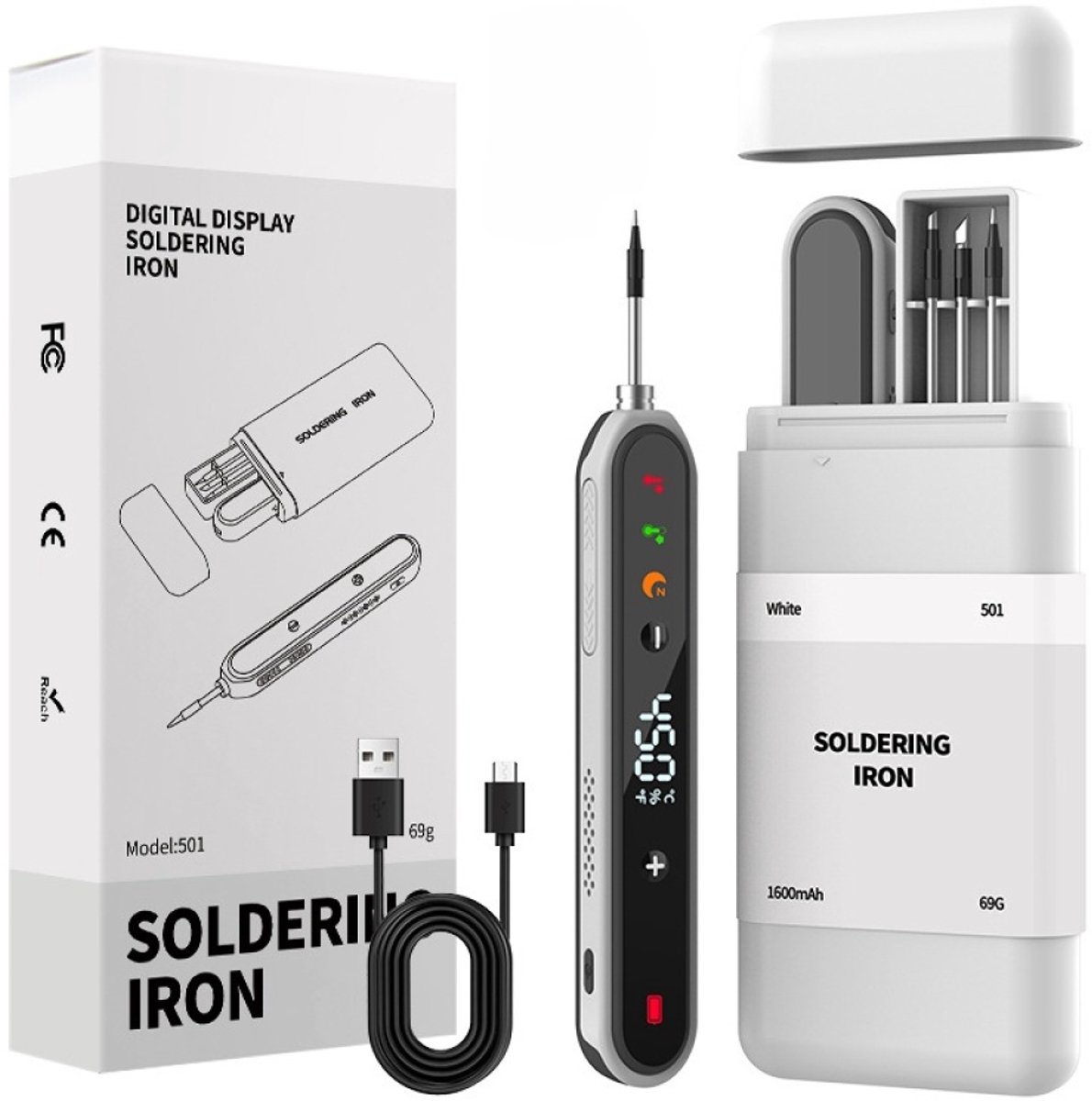 carmdering - Soldeerbout - Draadloze Soldeerbout - Oplaadbare Soldeerbout - 1400 mAh, USB-C, 180-450°C, 90 min gebruik - Met 3 soldeerbouten, soldeertin, vloeimiddel, houder - Incl. opbergkoffer - Voor thuis, DIY en hobby - Wit