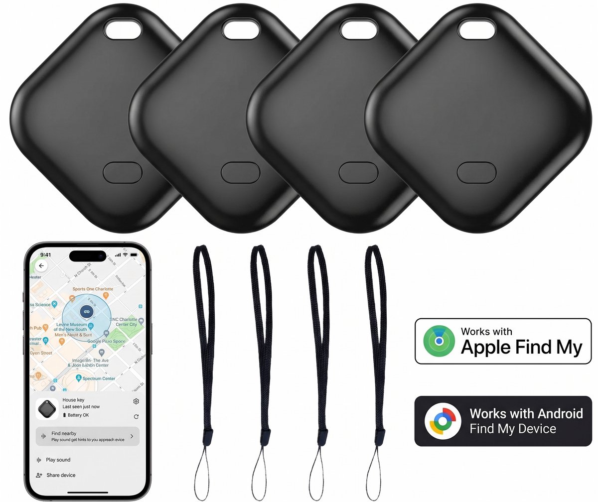 Fokelyi Mini GPS Tracker - Android & iOS GPS Tracker - Compatibel met iOS Zoek mijn of Android / Google Vind Plek - Keyfinder - Find My - Hond - 4 Pack - Zwart