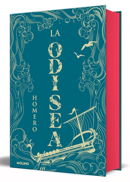 Édition argentée de 'L'Odyssée' d'Homère avec un voilier et des vagues sur la couverture. Le dos est rouge.