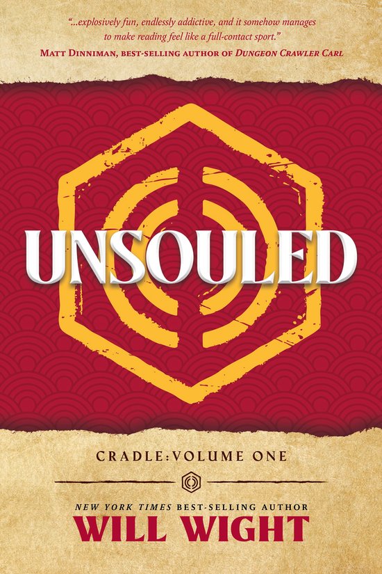 Boekomslag "Unsouled" van Will Wight met een geel hexagonaal logo op een rood patroon.