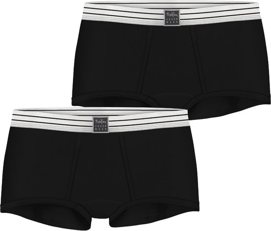 Twee zwarte dames boxershorts van Björn Borg met wit met zwarte gestreepte elastische band.