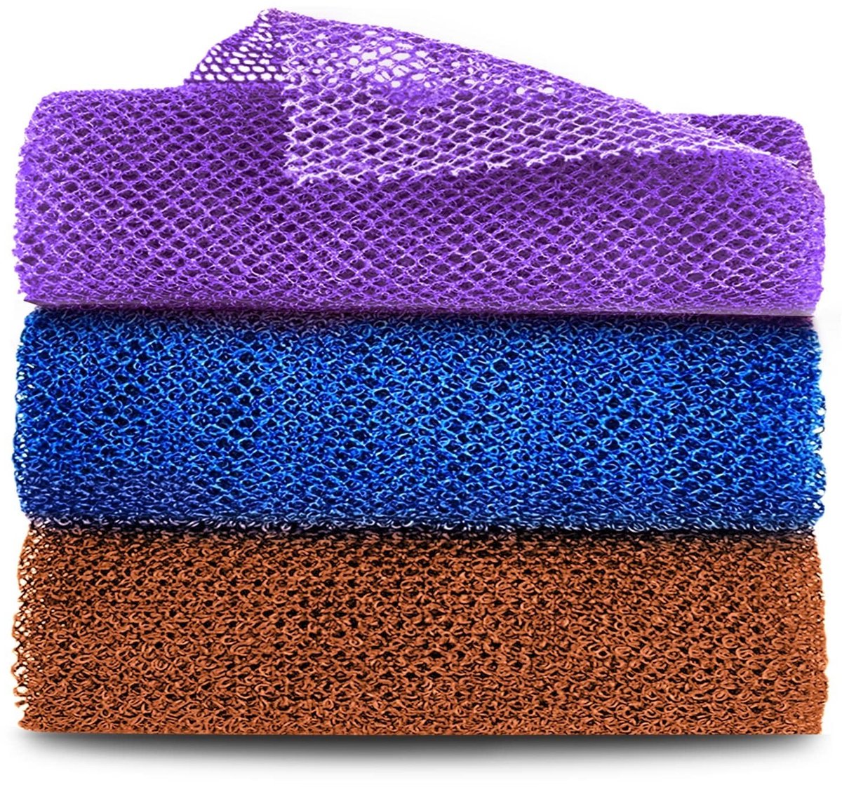Allecto - Afrikaanse Mesh Bad Sponsen - Diepe Reiniging - Peeling Effect - Set van 3 - Kleur Paars Blauw Koffie - Natuurlijke Verzorging - Geschikt...
