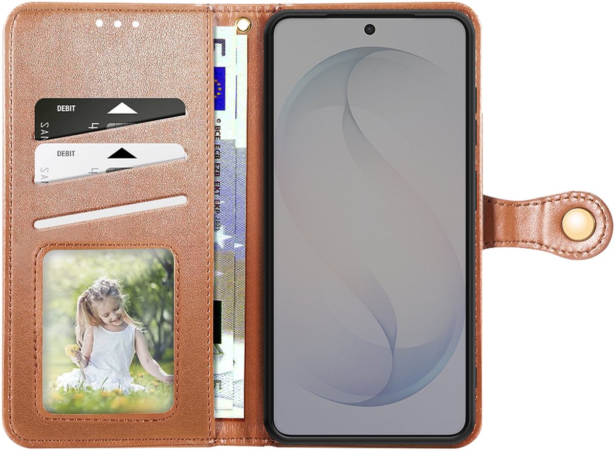 Avizar Etui Geschikt voor Galaxy S26 met Magnetische Drukknop en Polsband, Bruin