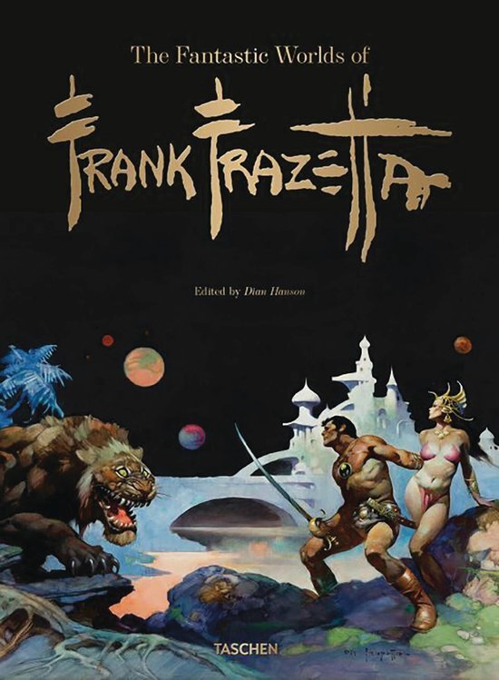 Boekomslag met gouden letters 'The Fantastic Worlds of Frank Frazetta'. Een leeuw kijkt aanvallend naar een man met zwaard en een vrouw in bikini.