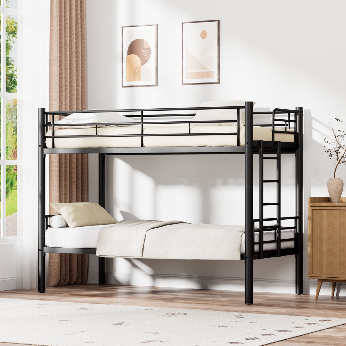 Clruro Stapelbed - 90x200 cm - Met Veiligheidshek Ombouwbaar Tot 2 Bedden En Trap - Metaal - Zwart