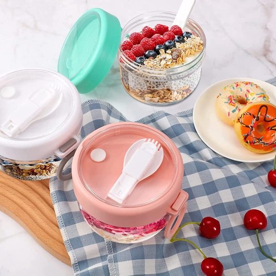Overnight Oats Containers - Yoghurt Glazen - Ontbijt Voorbereiden - Lekvrij en Draagbaar - 600ml - Wit Roze Cyaan — afbeelding 2