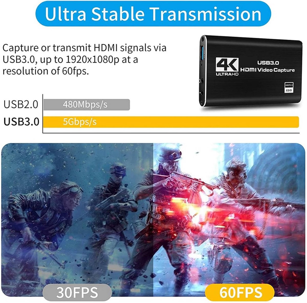 Audio Video Capture Card - Opnamekaart Converter - Gaming Streaming - 4K USB 3.0 - 1080p 60fps - Zwart thumbnail 6