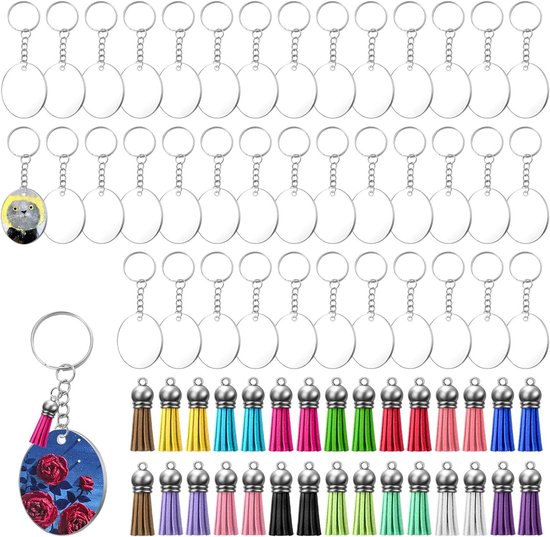 Acryl Sleutelhangers Set van 120 Stuks, Transparante Cirkel Sleutelhangers voor Persoonlijke Creaties en Geschenken