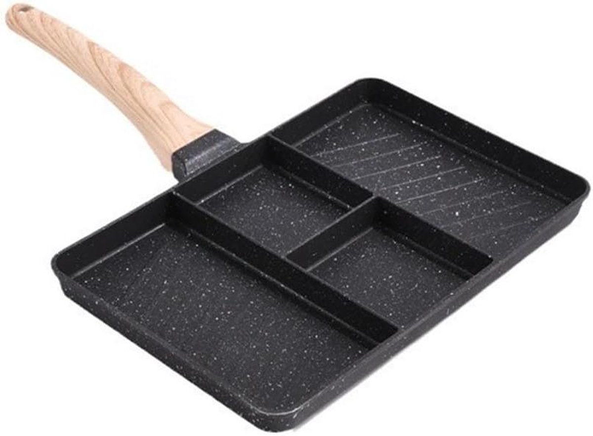 Koekenpan met vier gaten - Ontbijtpan - Snelle maaltijden - Antiaanbak steenlaag - 38 x 28 cm - Zwart