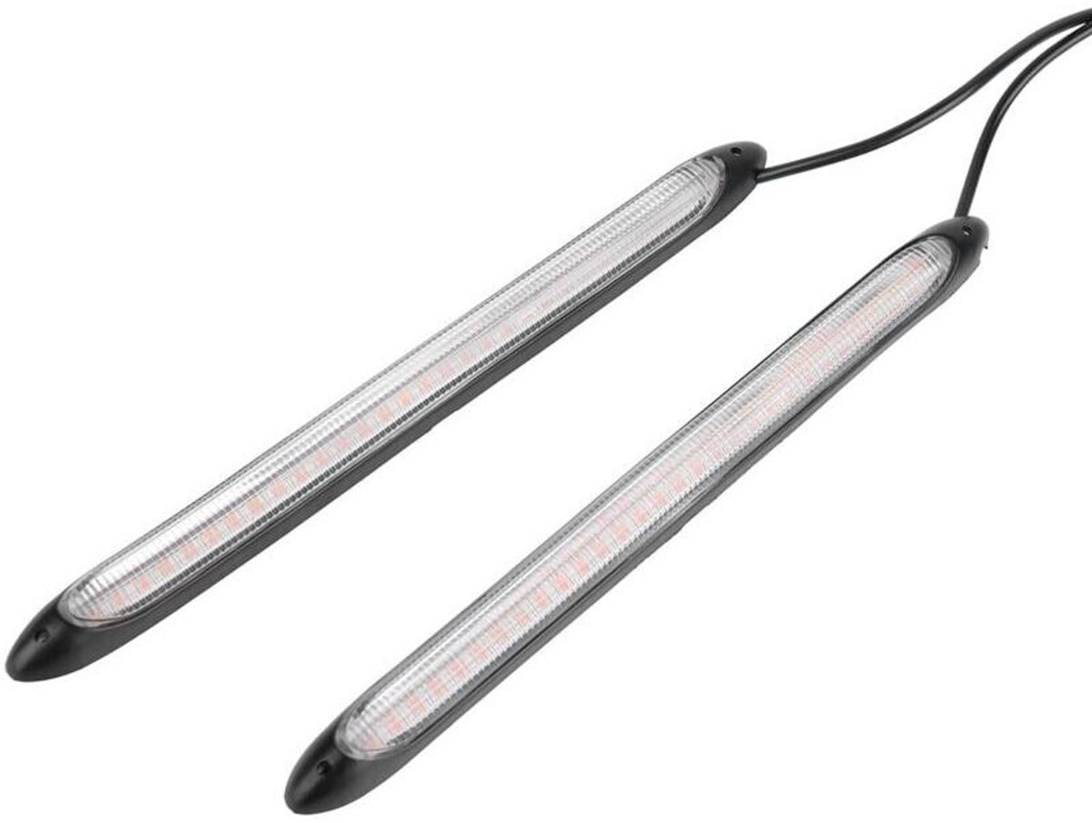 Twee LED-richtingaanwijzerstrips, tweekleurige dagrijverlichting met hoge helderheid, geschikt voor diverse toepassingen in de autoverlichting.