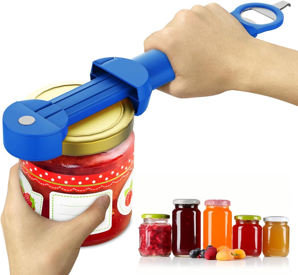 Ulisem - Magneetopener - Verstelbare opener voor potten en flessen - Met flessenknijper - Voor zwakke handen en senioren - 1-3.8 inch deksels - Ergonomisch handvat - Blauw - Keukenhulpje