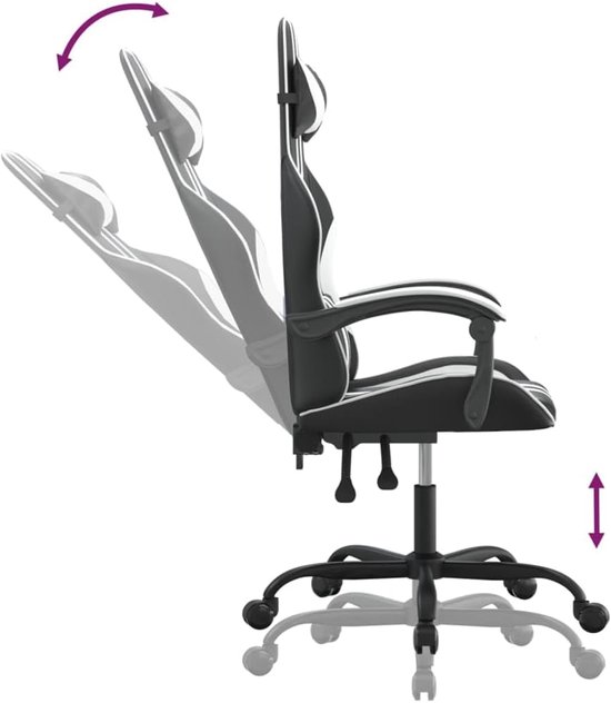 Gamestoel - Gaming stoel - Comfortabel gamen - Verstelbare rugleuning - 1 stuk - Zwart wit — afbeelding 5