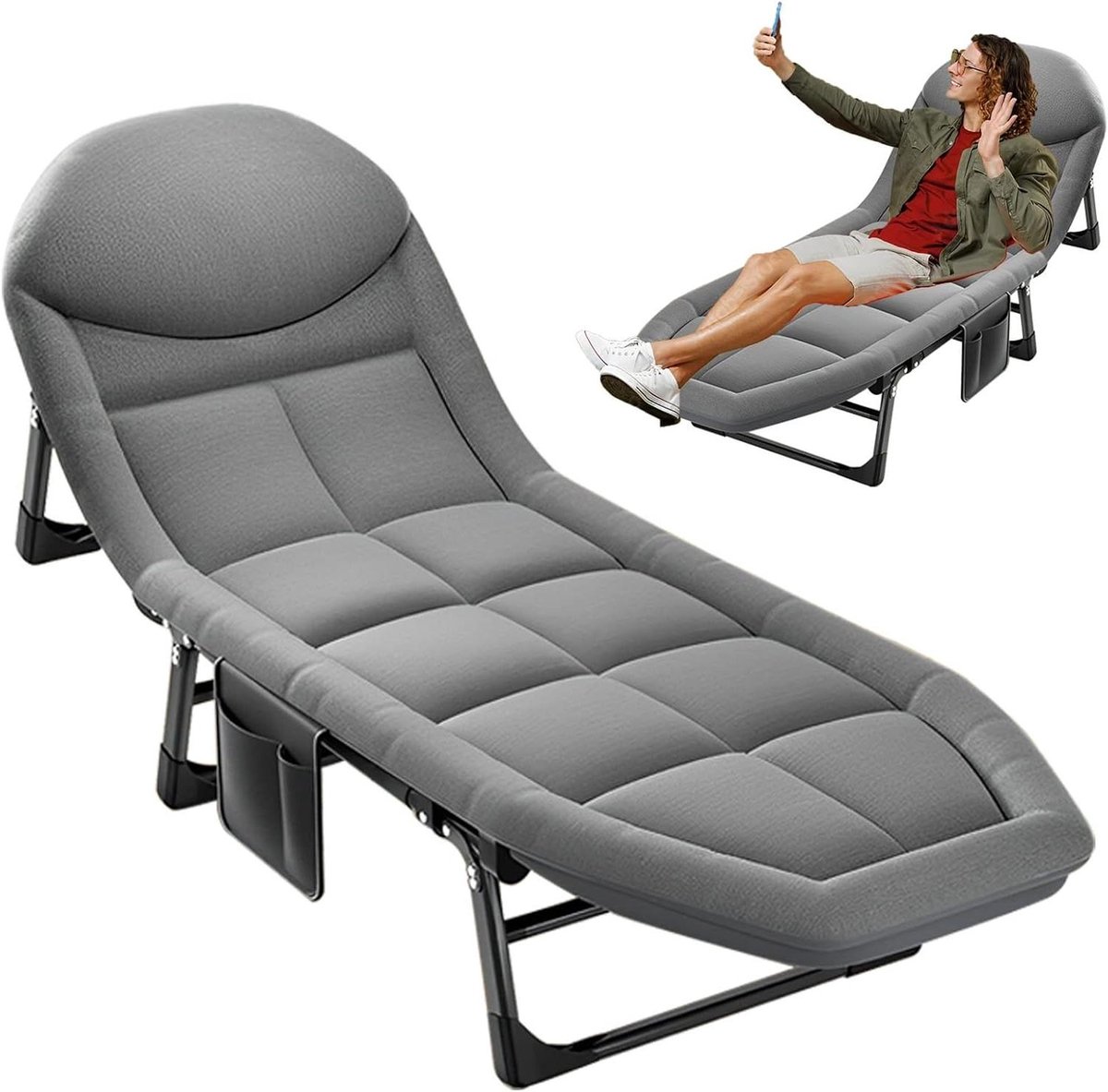 Opvouwbare Loungestoel - Strandstoel Campingbedje - Buiten Ontspannen - Verstelbaar Sluitsysteem - 200 x 60 x 30 cm - Donkergrijs